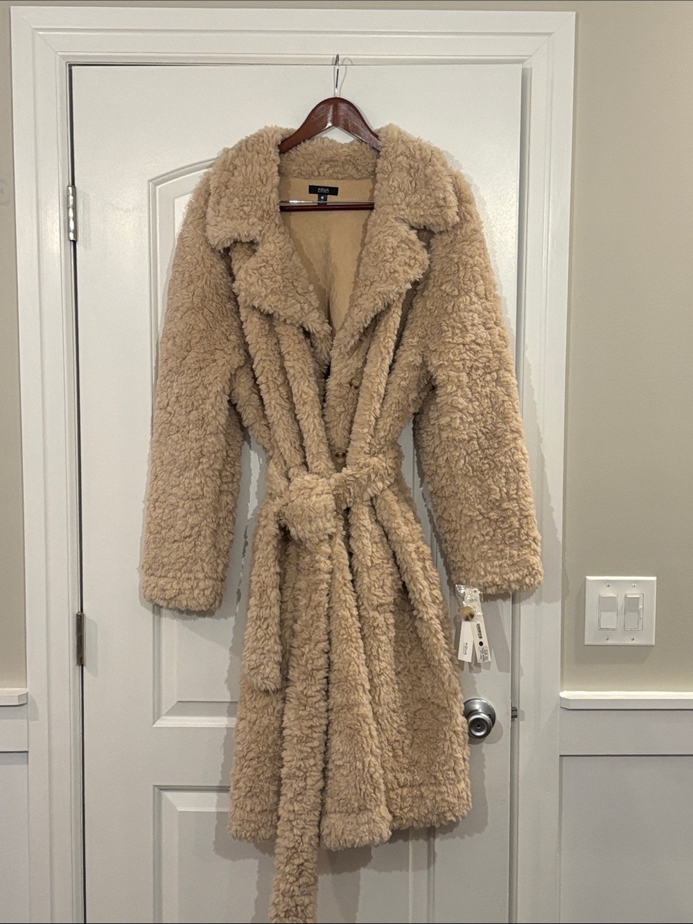Aqua Cream Teddy Coat with Tie Belt